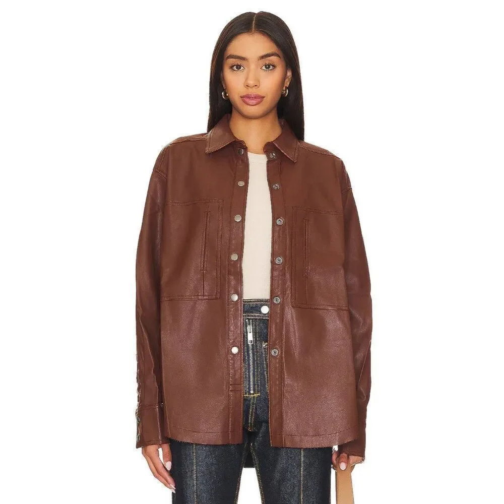 Free People Easy Rider Faux Leather Shirt Jacket Womens Small Brown Desert Topaz